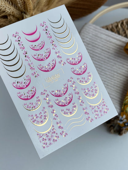 Nail Water Decal CF-488 | Sakura Blossom Nail Water Decals with Gold Accents | Floral French Design