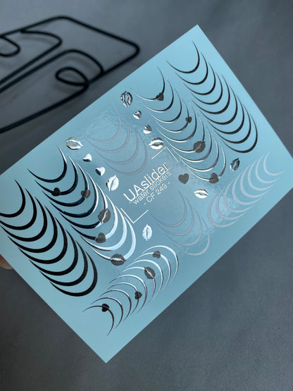 ネイルウォーターデカール CF-249 | フレンチウォータースライドネイルデカール | 黒と銀のハート付き曲線