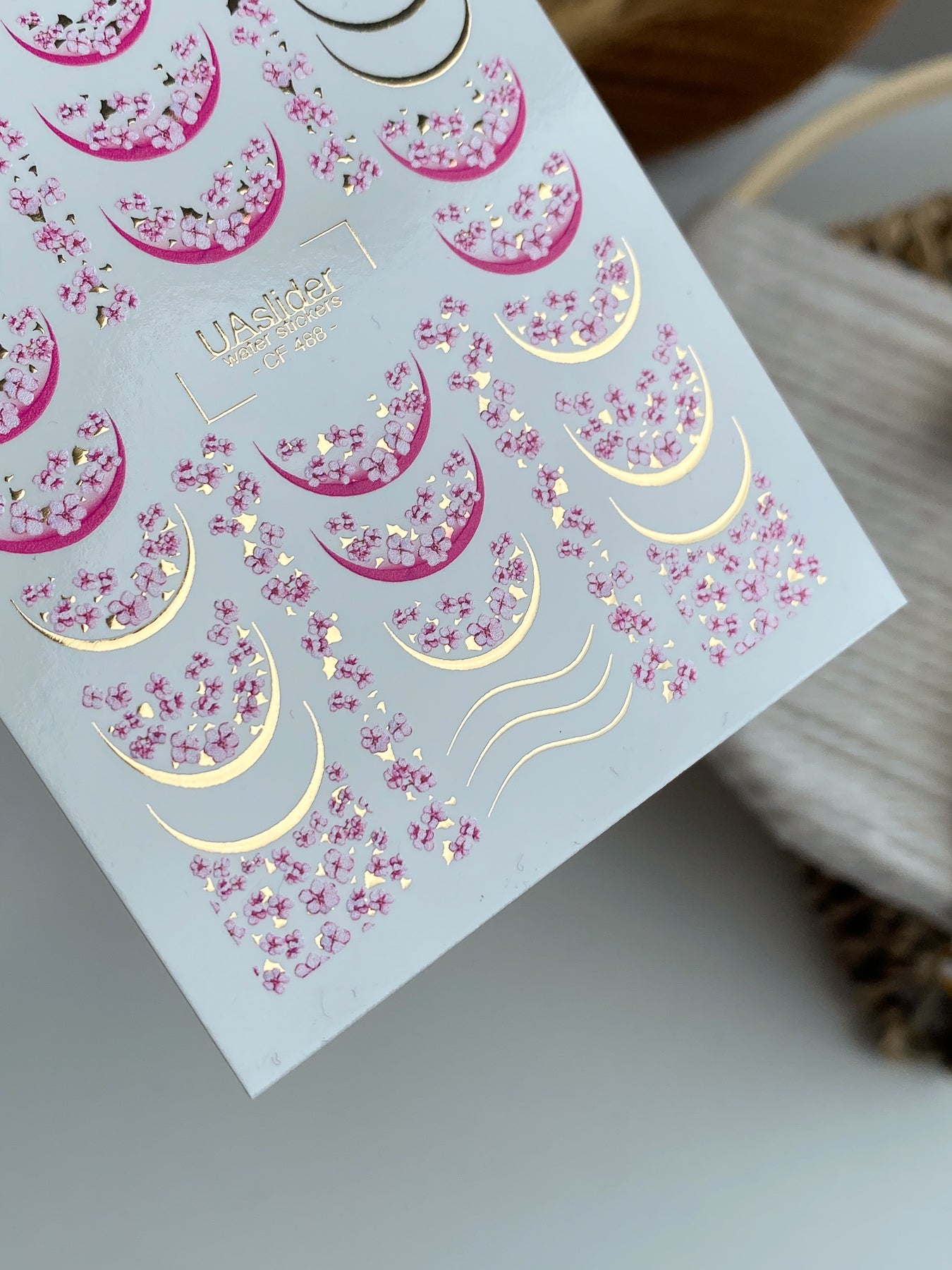 Nail Water Decal CF-488 | Sakura Blossom Nail Water Decals with Gold Accents | Floral French Design