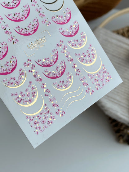Nail Water Decal CF-488 | Sakura Blossom Nail Water Decals with Gold Accents | Floral French Design