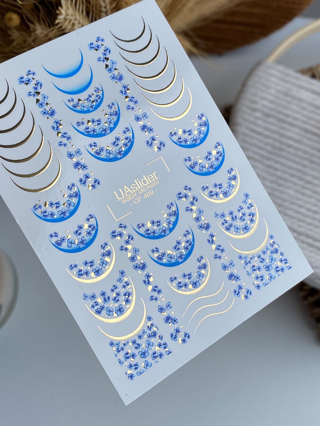 ملصق ماء للأظافر CF-489 | ملصقات ماء للأظافر زرقاء بنمط "لا تنسني" مع لمسات ذهبية | تصميم فرنسي زهري