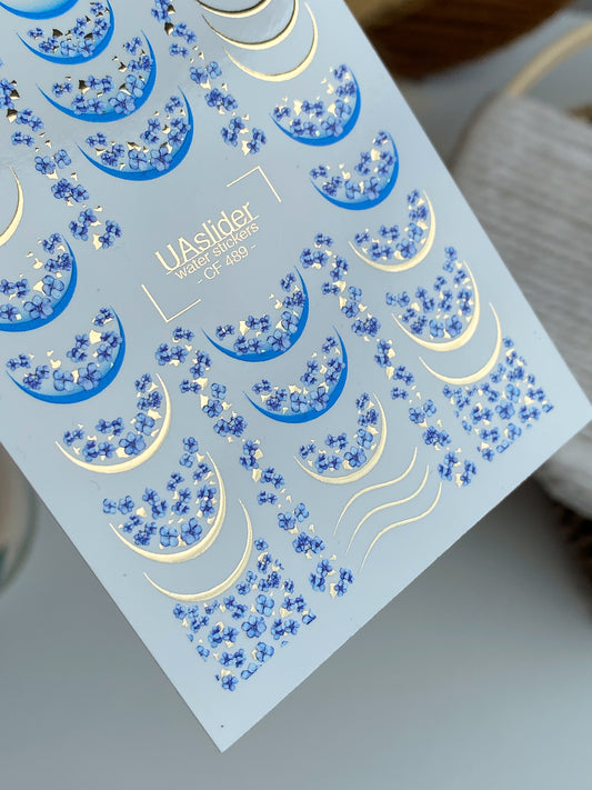 Nail Water Decal CF-489 | Blue Forget-Me-Not Nail Water Decals with Gold Accents | Floral French Design