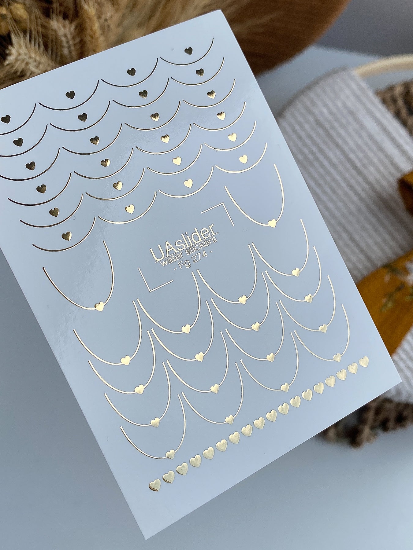 Nail Water Decal Fg-274 | Water Slide Nail Decals | Gold Foil French Tips with Hearts