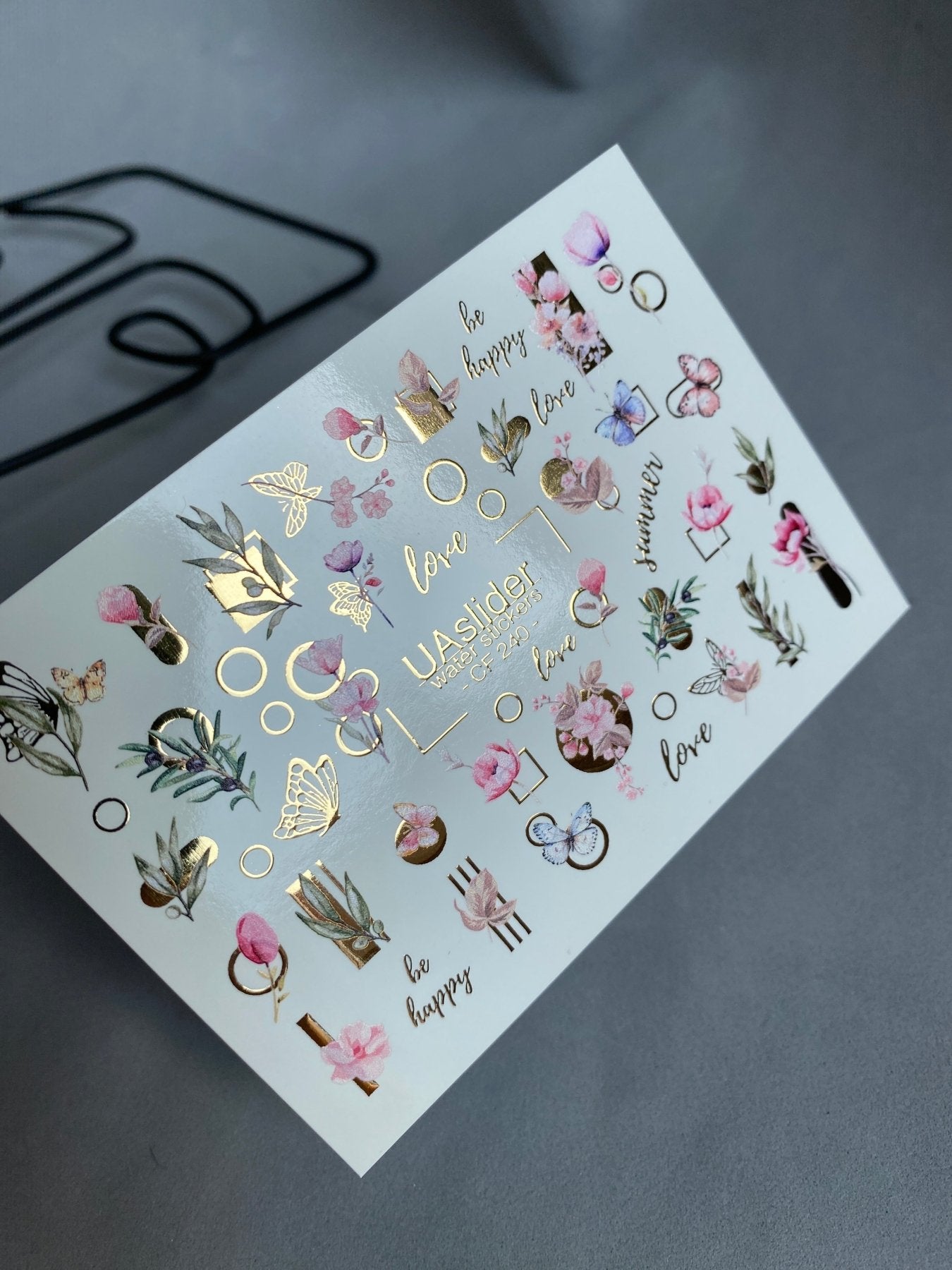 Nail Water Decal CF-240 | Floral Water Slide Nail Decals | Pink Flowers, Butterflies & Gold Geometry - UASLIDER