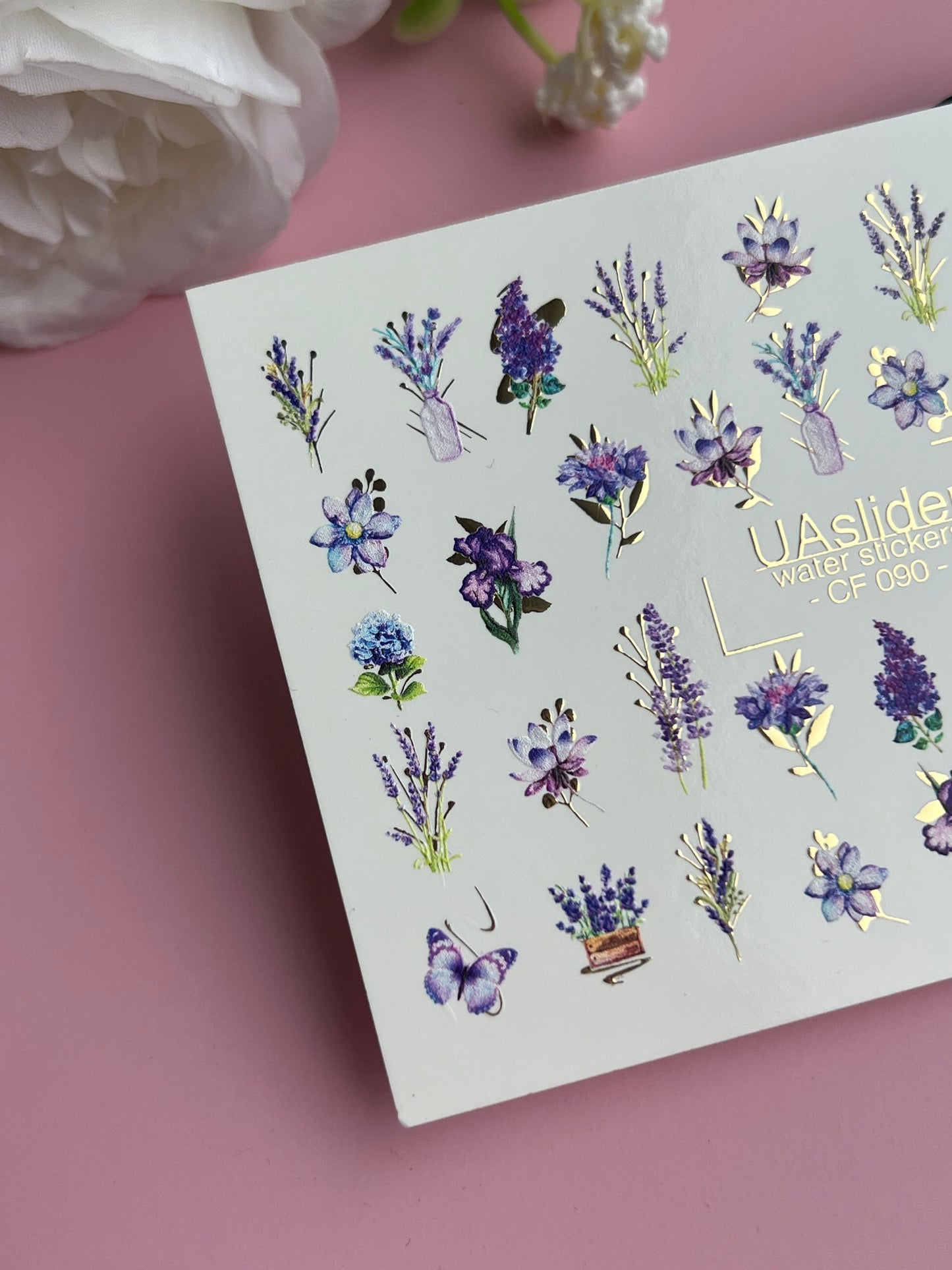 Nail Water Decal CF-090 | Lavender & Violet Floral Water Slide Nail Decals | Purple Flowers & Butterflies