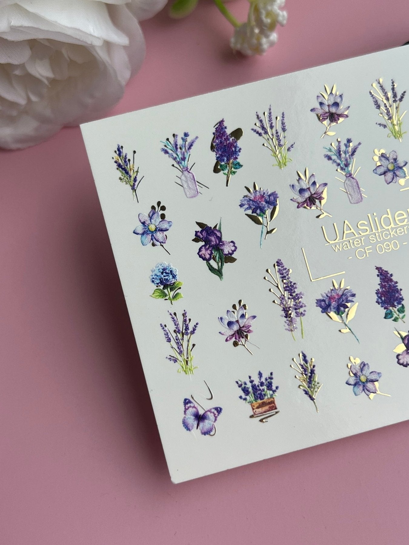 Nail Water Decal CF-090 | Lavender & Violet Floral Water Slide Nail Decals | Purple Flowers & Butterflies - UASLIDER