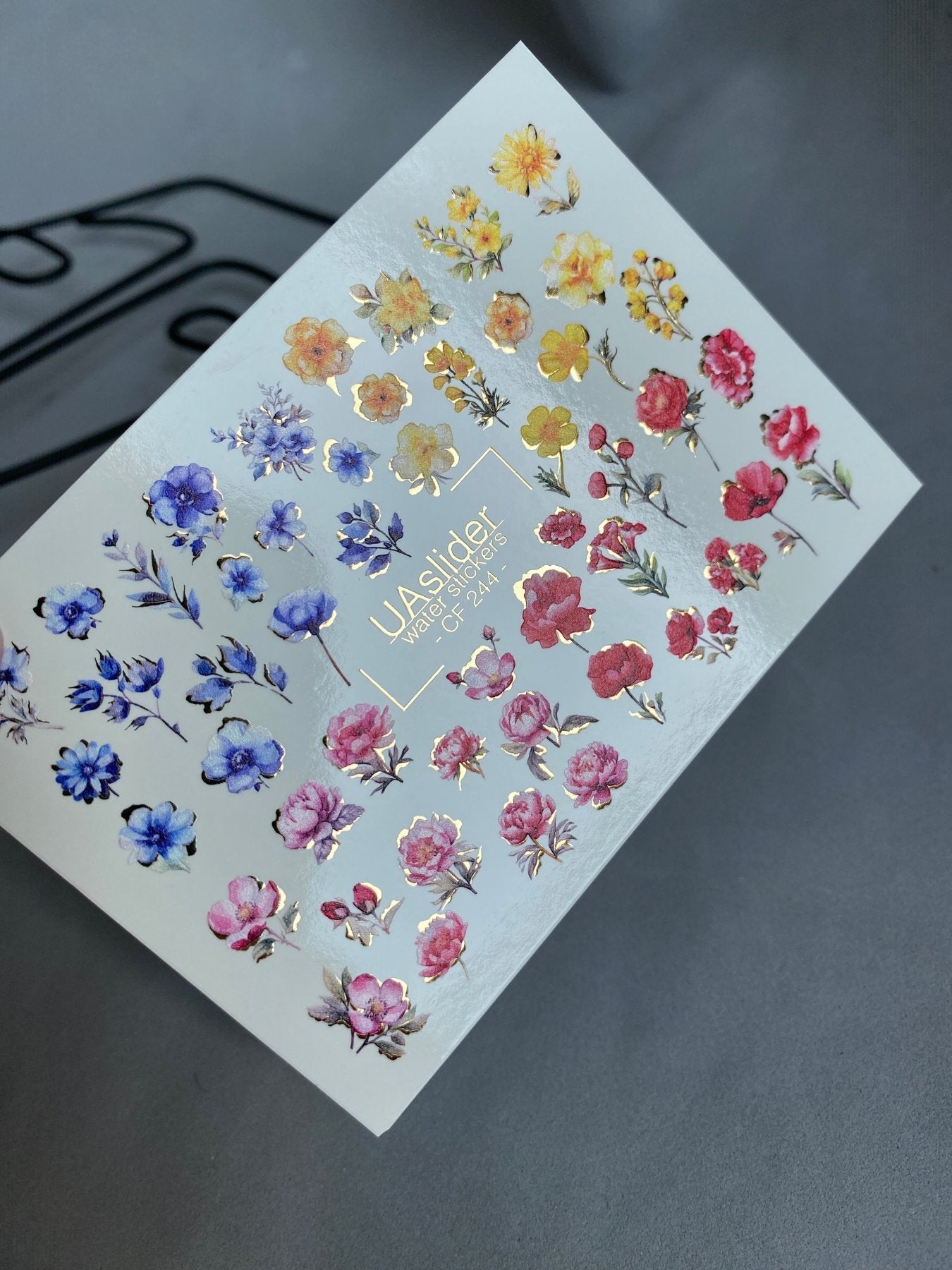 Nail Water Decal CF-244 | Colorful Floral Water Slide Nail Decals | Red, Blue & Yellow Flowers with Gold - UASLIDER