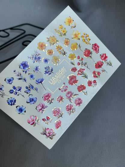 Nail Water Decal CF-244 | Colorful Floral Water Slide Nail Decals | Red, Blue & Yellow Flowers with Gold