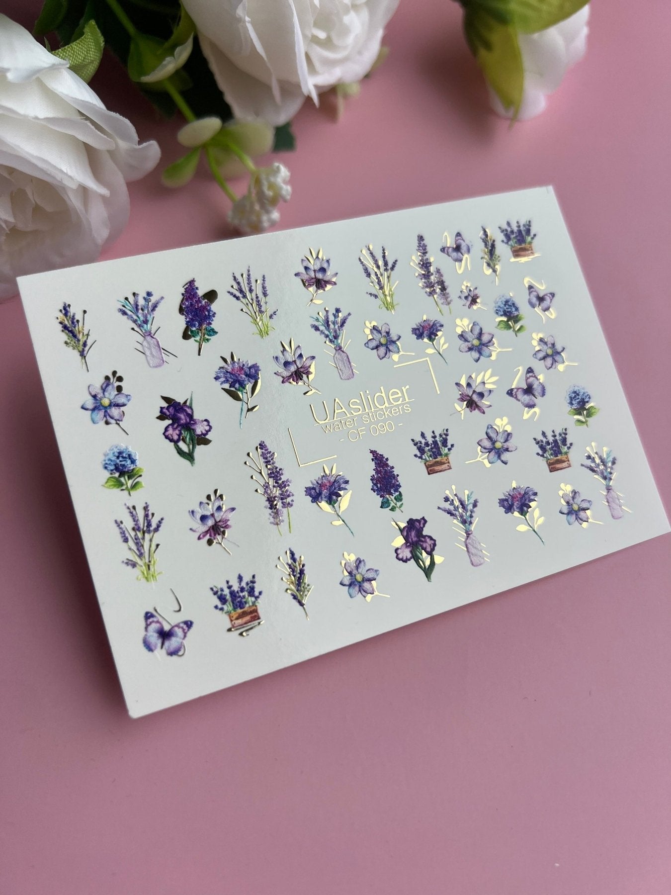 Nail Water Decal CF-090 | Lavender & Violet Floral Water Slide Nail Decals | Purple Flowers & Butterflies - UASLIDER