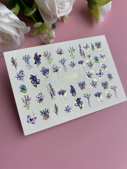 Nail Water Decal CF-090 | Lavender & Violet Floral Water Slide Nail Decals | Purple Flowers & Butterflies