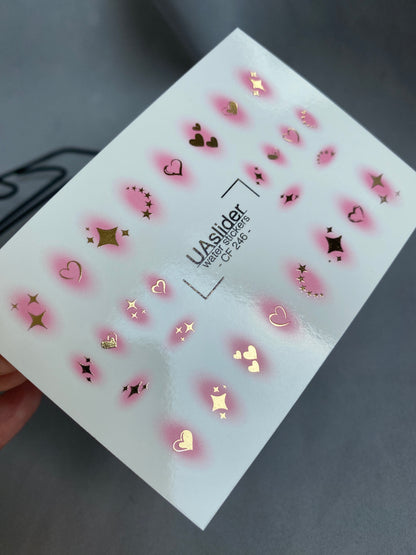 Nail Water Decal CF-246 | Romantic Nail Water Decals | Pink Aura Hearts & Golden Stars