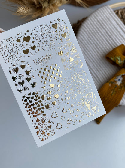 Nail Water Decal Fg-267 | Water Slide Nail Decals | Gold Foil Hearts Pattern