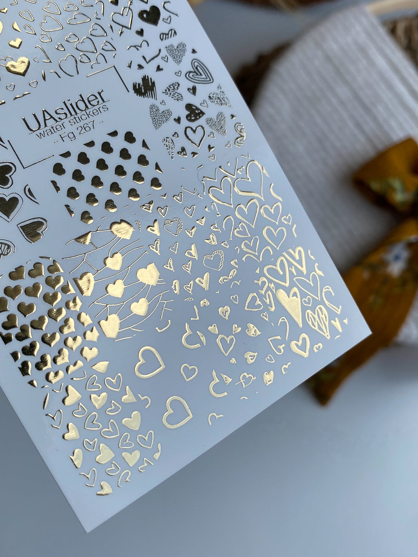 Nail Water Decal Fg-267 | Water Slide Nail Decals | Gold Foil Hearts Pattern