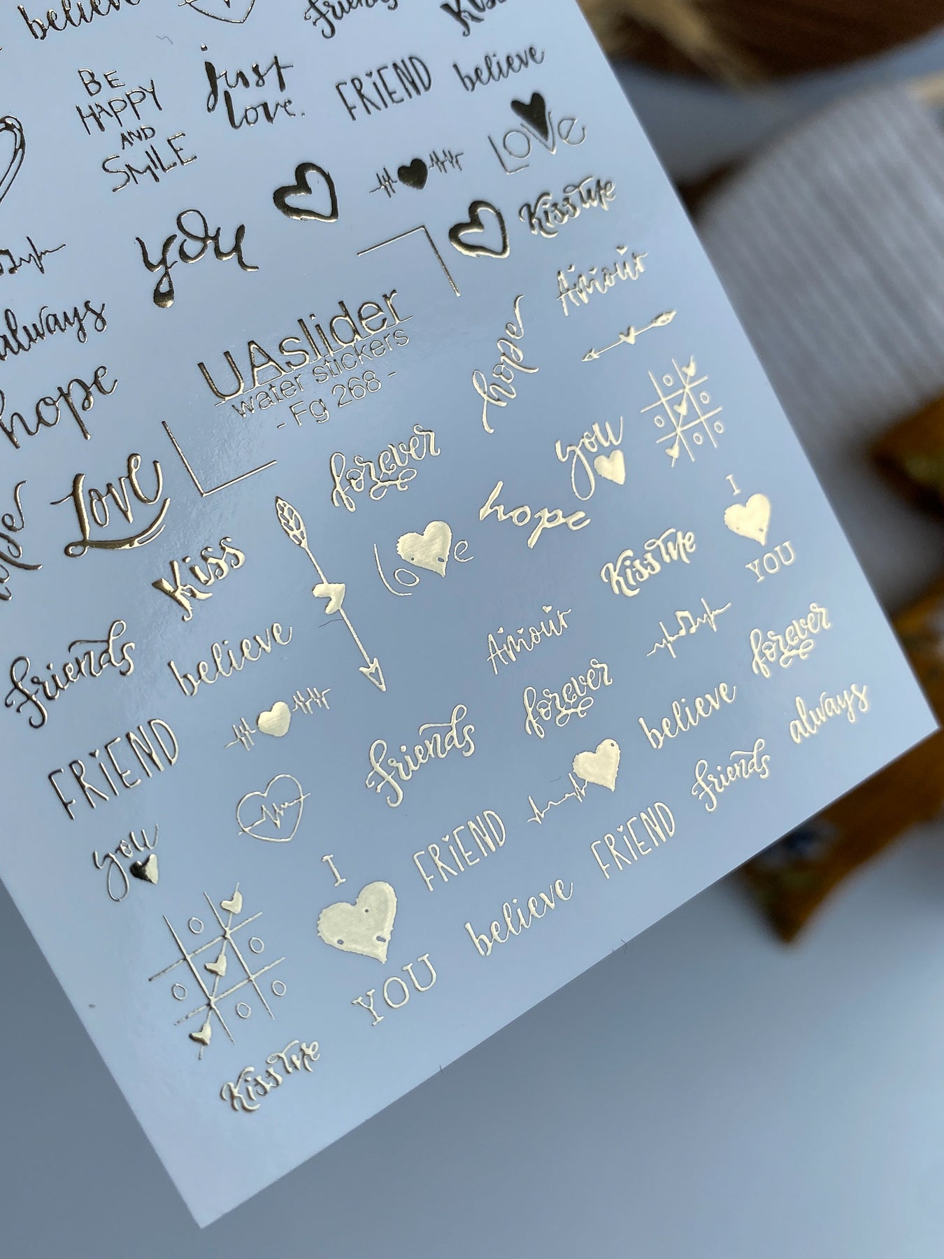Nail Water Decal Fg-268 | Water Slide Nail Decals | Gold Foil Love & Friendship Quotes