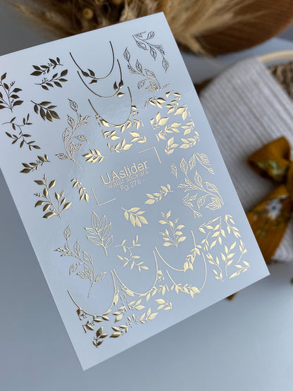 Nail Water Decal Fg-276 | Water Slide Nail Decals | Gold Foil Botanical Leaves