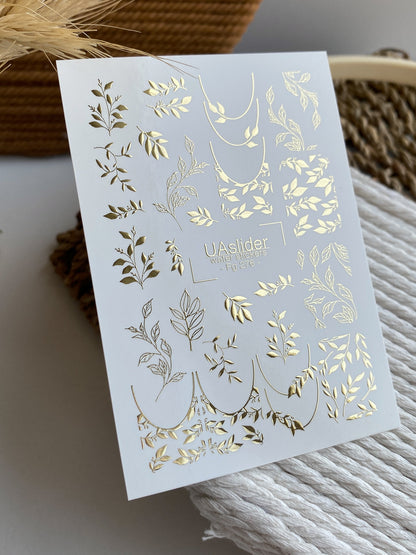 Nail Water Decal Fg-276 | Water Slide Nail Decals | Gold Foil Botanical Leaves
