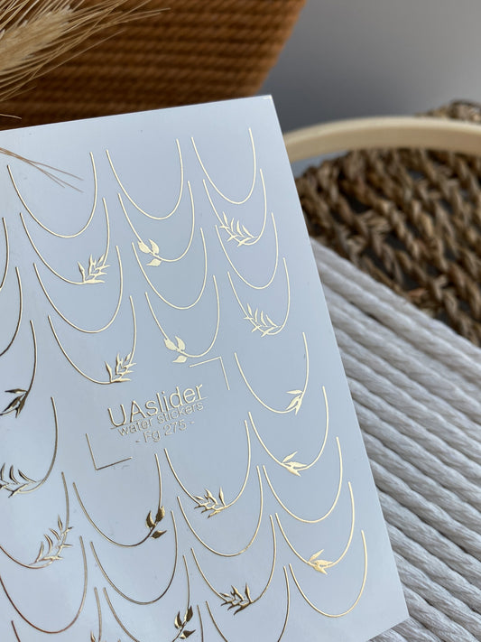 Nail Water Decal Fg-275 | Water Slide Nail Decals | Gold Foil French Tips with Leaves