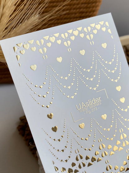 Nálepka na nehty Fg-273 | Vodní nálepky na nehty | Zlaté fóliové řetízky ve tvaru srdce