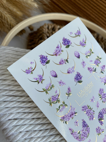 Adesivo de Água para Unhas CF-487 | Adesivos de Água para Unhas Flor de Lilás com Detalhes Dourados | Design Floral