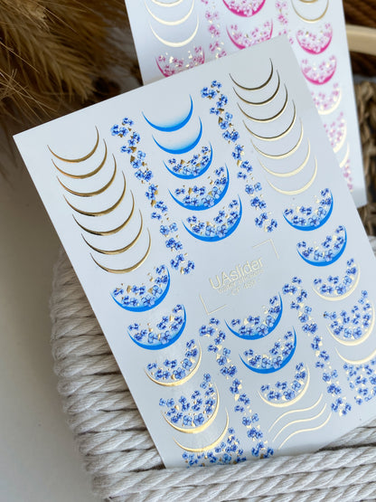 ملصق ماء للأظافر CF-489 | ملصقات ماء للأظافر زرقاء بنمط "لا تنسني" مع لمسات ذهبية | تصميم فرنسي زهري