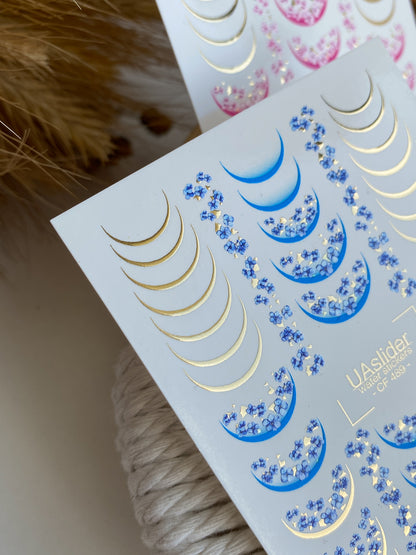 ملصق ماء للأظافر CF-489 | ملصقات ماء للأظافر زرقاء بنمط "لا تنسني" مع لمسات ذهبية | تصميم فرنسي زهري