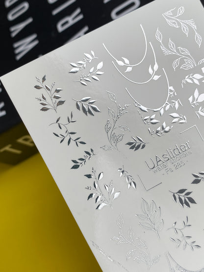 Nail Water Decal Fs-285 | Silver Leaf Branch Water Slide Nail Decals | Elegant Foil Botanical Nail Tattoos