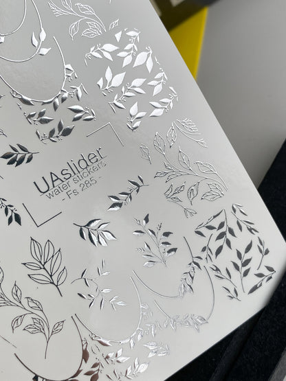 Nail Water Decal Fs-285 | Silver Leaf Branch Water Slide Nail Decals | Elegant Foil Botanical Nail Tattoos