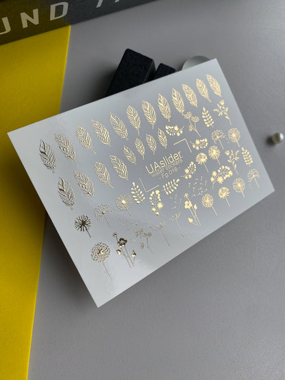 Nagel Water Decal Fg-018 | Bloem Water Slide Nagel Decals met Goudfolie | Paardebloemen, Bladeren & Wilde Bloemen