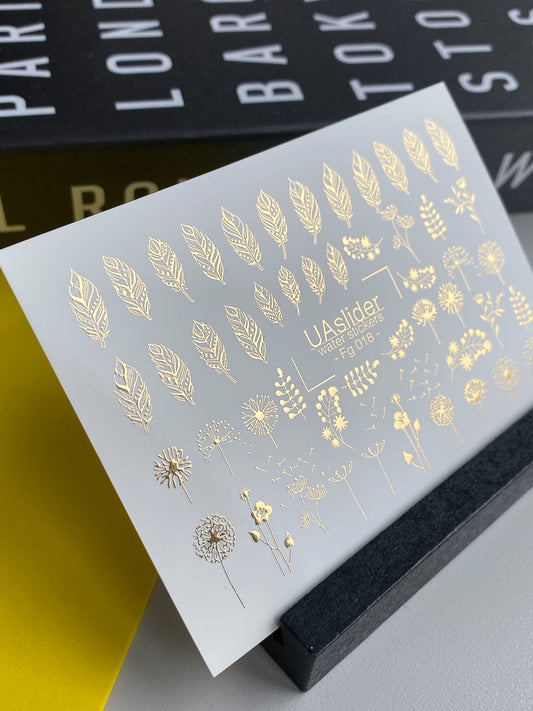 Köröm víz matrica Fg-018 | Virágos vízcsúsztatós köröm matricák arany fóliával | Pitypangok, levelek és vadvirágok