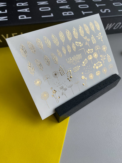 Nagel Water Decal Fg-018 | Bloem Water Slide Nagel Decals met Goudfolie | Paardebloemen, Bladeren & Wilde Bloemen