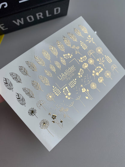 Nagel Water Decal Fg-018 | Bloem Water Slide Nagel Decals met Goudfolie | Paardebloemen, Bladeren & Wilde Bloemen