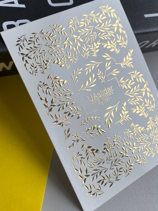 Nálepka na nehty Fg-030 | Vodní nálepky na nehty s listy zlaté fólie | Elegantní botanické nehtové umění