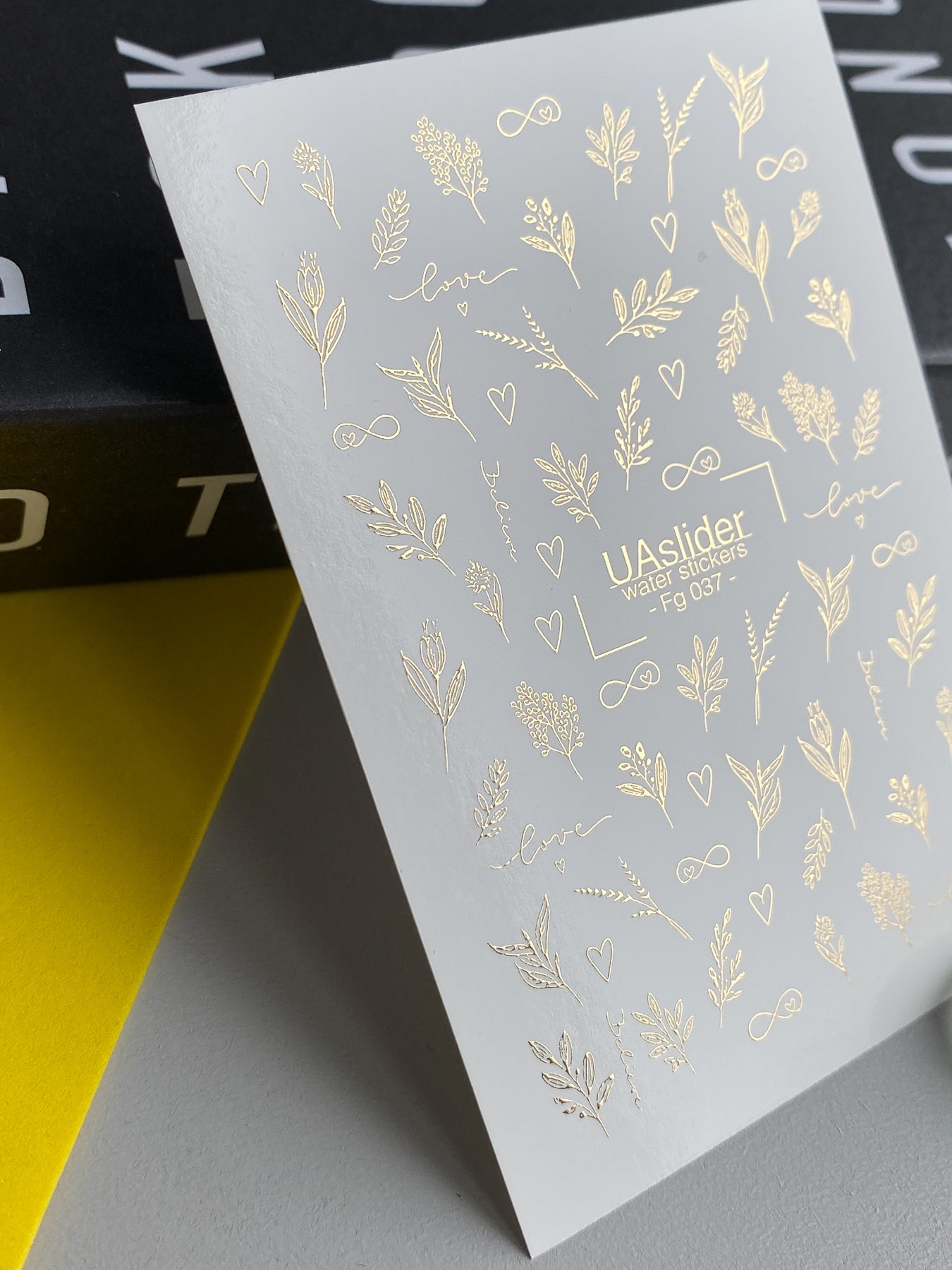 Nail Water Decal Fg-037 | Gold Botanical Nail Water Decals with Love Lettering | Romantic Floral Nail Art