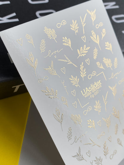 Nail Water Decal Fg-037 | Gold Botanical Nail Water Decals with Love Lettering | Romantic Floral Nail Art
