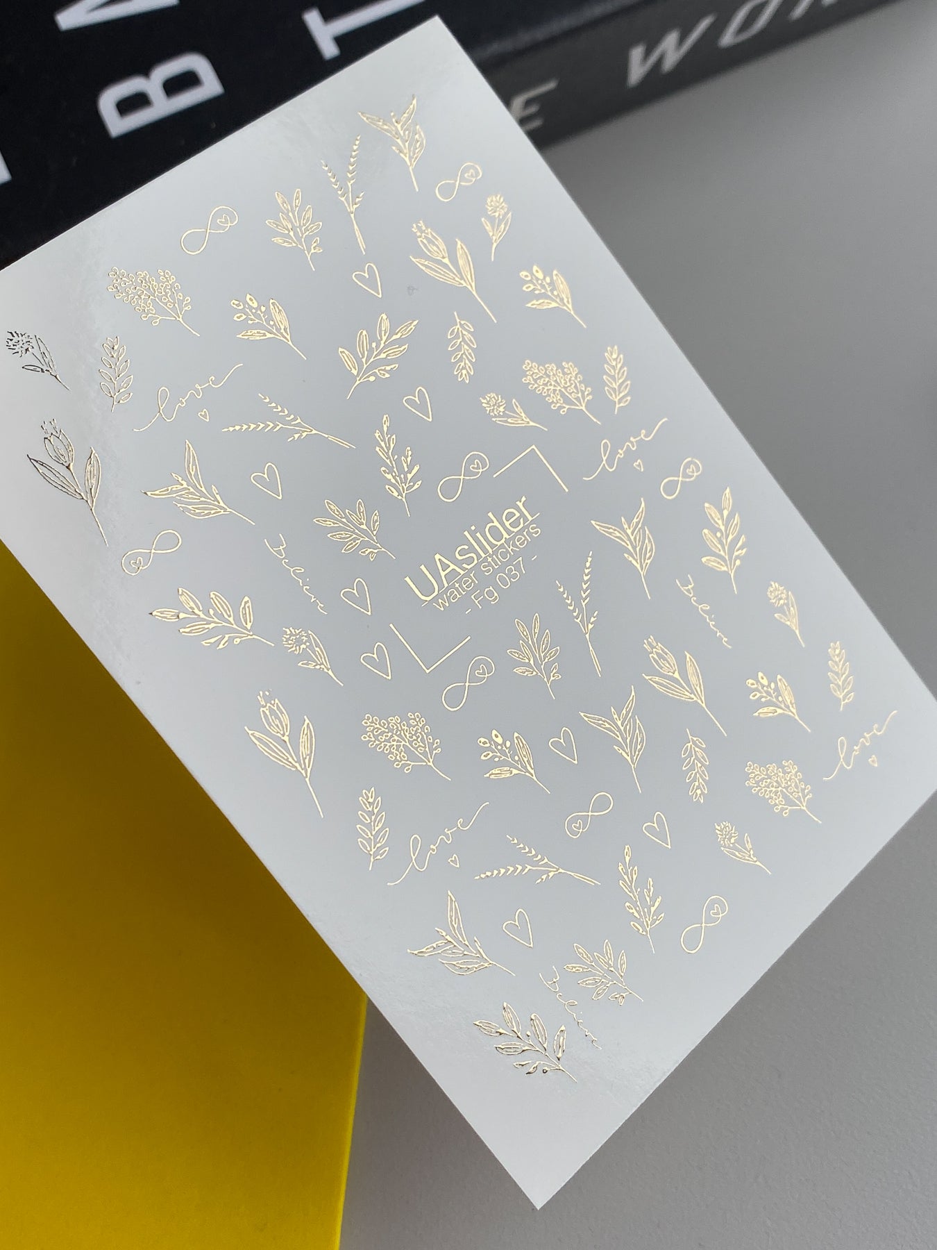 Nail Water Decal Fg-037 | Gold Botanical Nail Water Decals with Love Lettering | Romantic Floral Nail Art