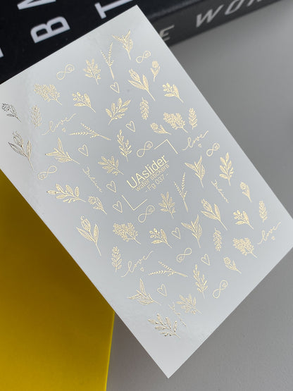 Nail Water Decal Fg-037 | Gold Botanical Nail Water Decals with Love Lettering | Romantic Floral Nail Art