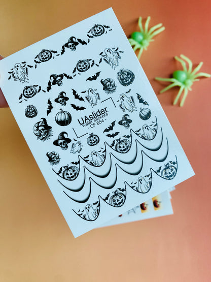 Nail Water Decal CF-654 | Halloween Water Slide Nail Decals | Black & White Ghosts, Pumpkins & Bats