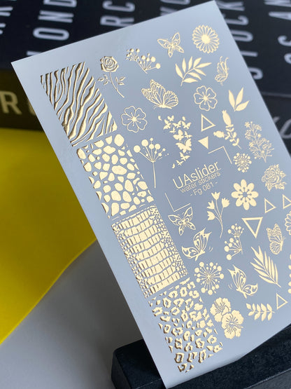 Naklejki wodne na paznokcie Fg-081 | Złote folie do naklejek wodnych na paznokcie | Mieszanka kwiatowych i zwierzęcych wzorów