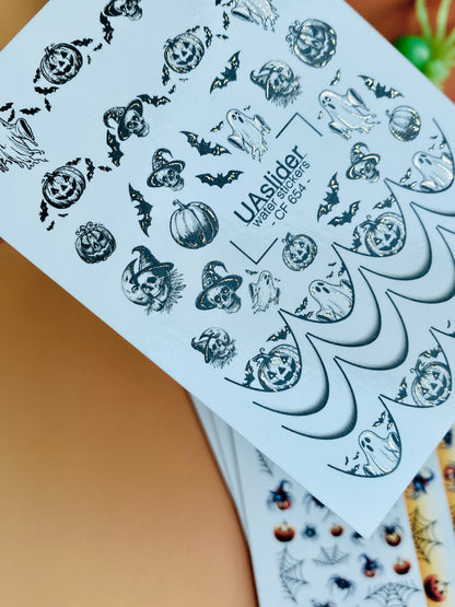 Nail Water Decal CF-654 | Halloween Water Slide Nail Decals | Black & White Ghosts, Pumpkins & Bats