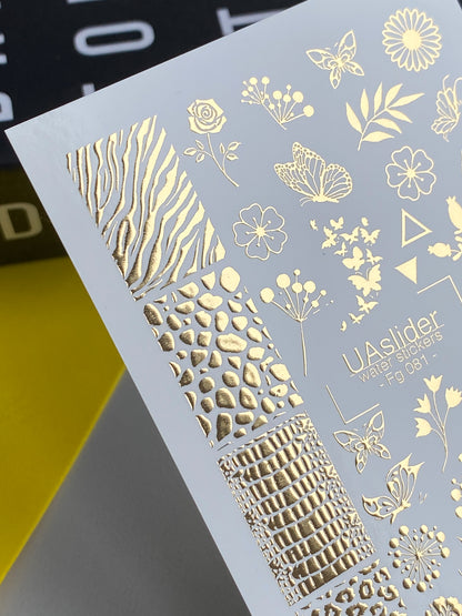 Naklejki wodne na paznokcie Fg-081 | Złote folie do naklejek wodnych na paznokcie | Mieszanka kwiatowych i zwierzęcych wzorów