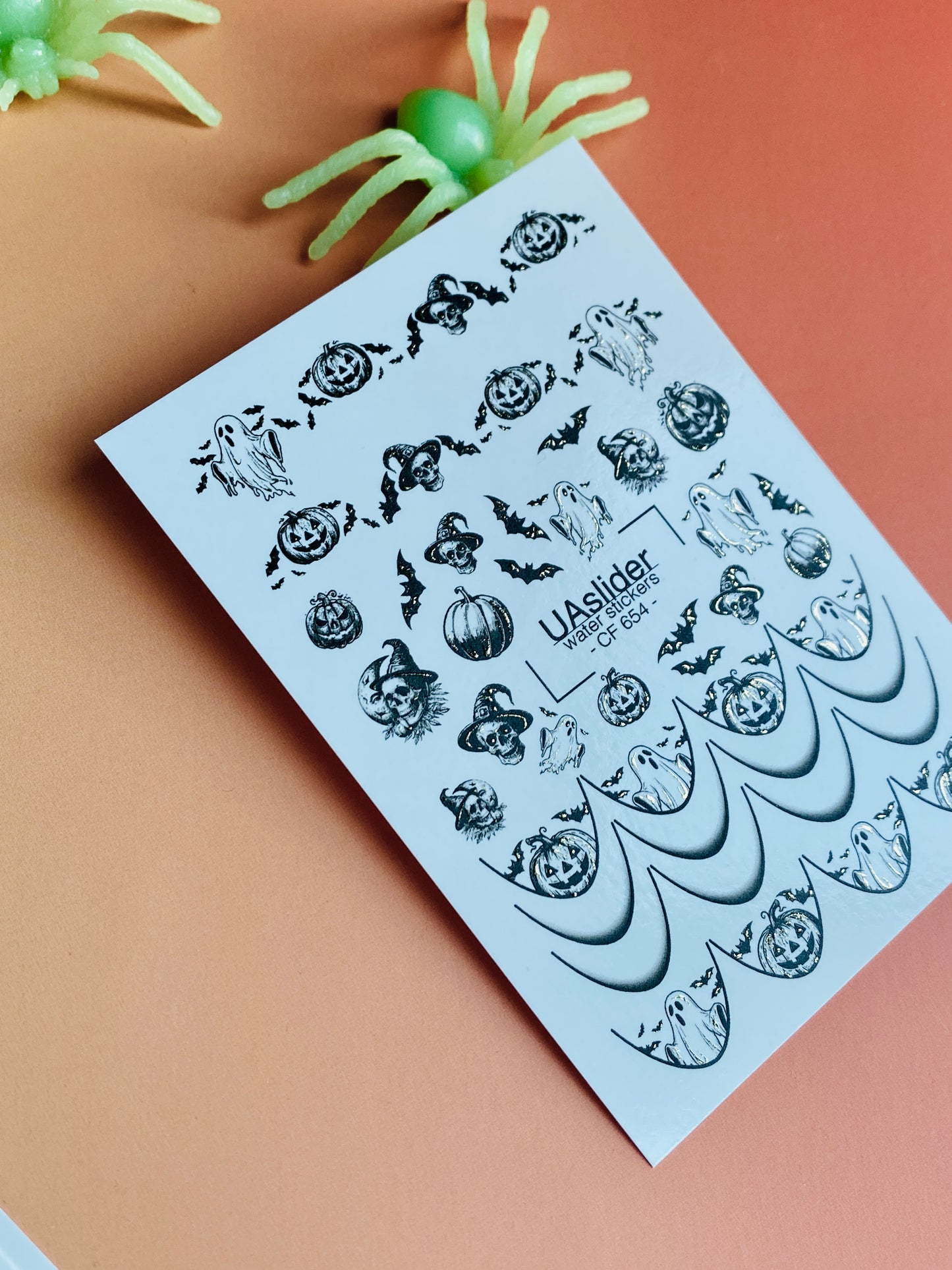 Nail Water Decal CF-654 | Halloween Water Slide Nail Decals | Black & White Ghosts, Pumpkins & Bats