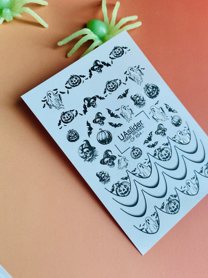 Nail Water Decal CF-654 | Halloween Water Slide Nail Decals | Black & White Ghosts, Pumpkins & Bats