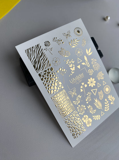 Naklejki wodne na paznokcie Fg-081 | Złote folie do naklejek wodnych na paznokcie | Mieszanka kwiatowych i zwierzęcych wzorów