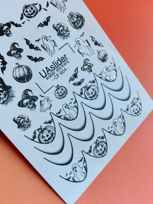 Nail Water Decal CF-654 | Halloween Water Slide Nail Decals | Black & White Ghosts, Pumpkins & Bats