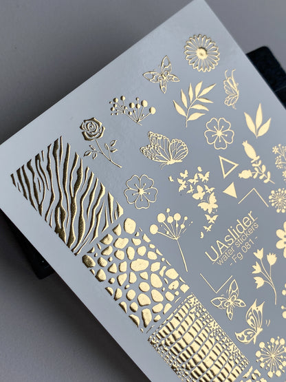 Naklejki wodne na paznokcie Fg-081 | Złote folie do naklejek wodnych na paznokcie | Mieszanka kwiatowych i zwierzęcych wzorów