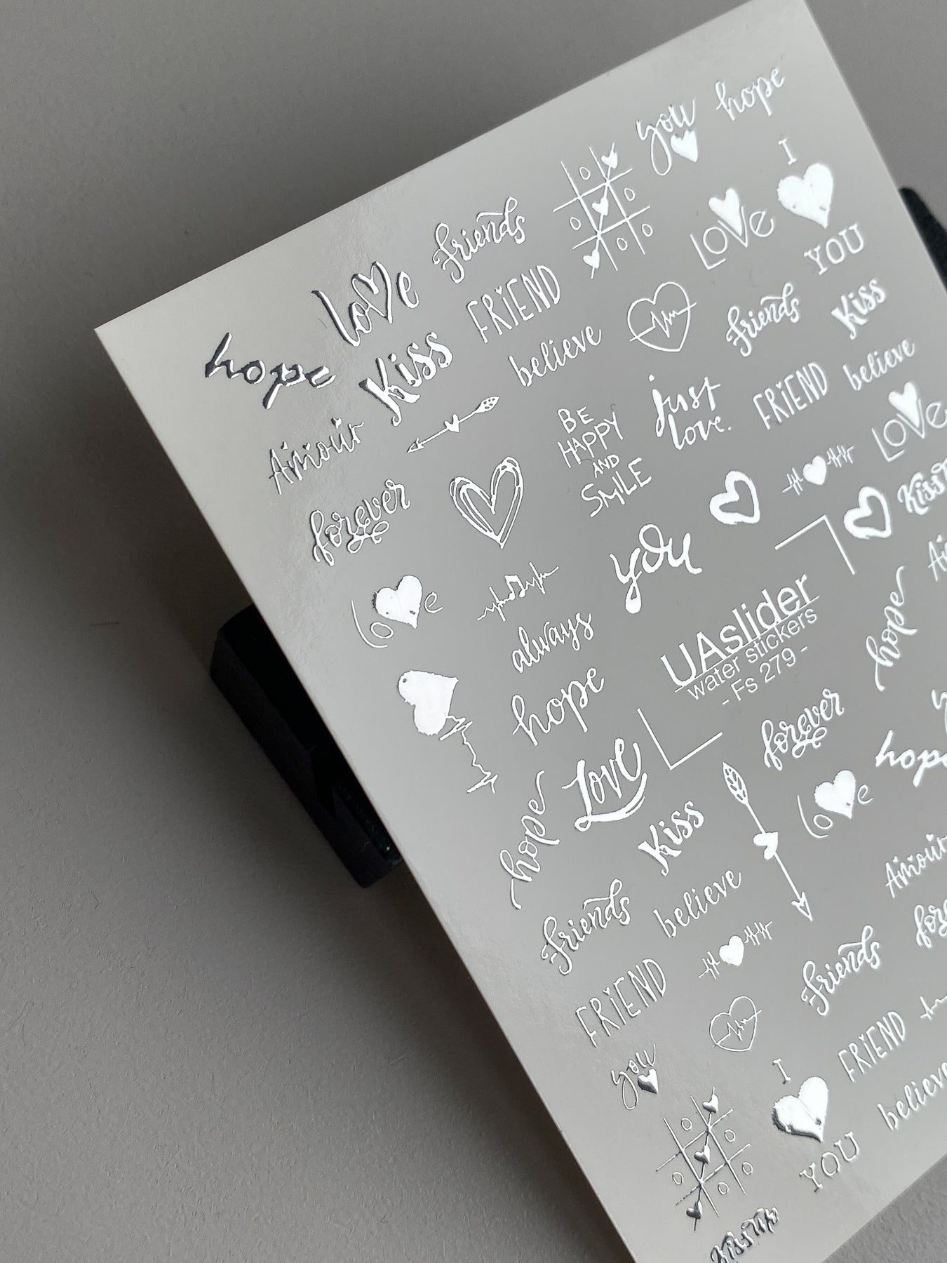 Nail Water Decal Fs-279 | Romantic Water Slide Nail Decals | Silver Foil Words & Love Symbols