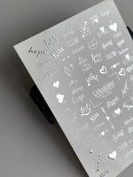 Nail Water Decal Fs-279 | Romantic Water Slide Nail Decals | Silver Foil Words & Love Symbols - UASLIDER
