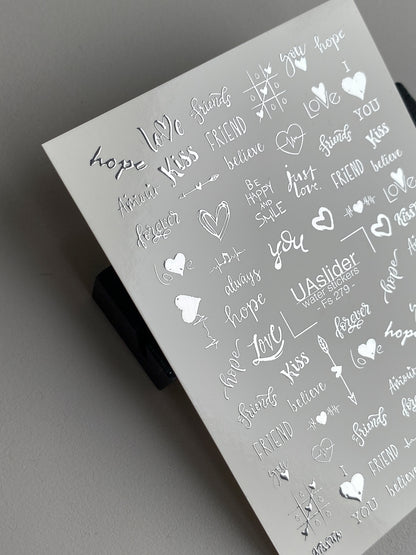 Nail Water Decal Fs-279 | Romantic Water Slide Nail Decals | Silver Foil Words & Love Symbols