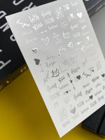 Nail Water Decal Fs-279 | Romantic Water Slide Nail Decals | Silver Foil Words & Love Symbols - UASLIDER