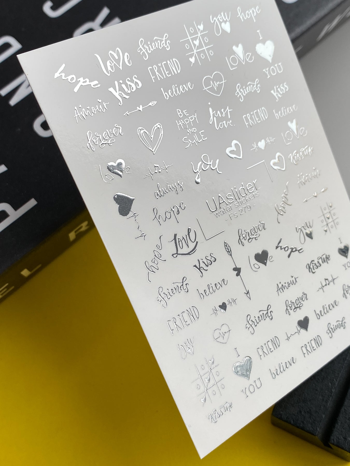 Nail Water Decal Fs-279 | Romantic Water Slide Nail Decals | Silver Foil Words & Love Symbols - UASLIDER